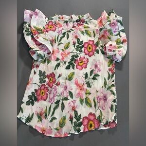 Love By Design Floral Blouse -pink floral ruffle sleeve, peasant style.